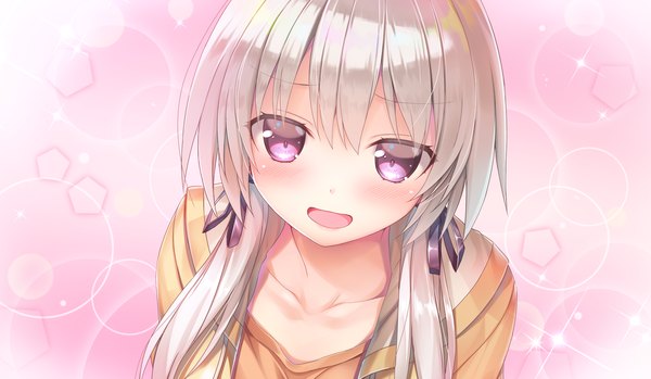 Anime picture 2010x1170 with study steady kakegawa hazuki kiba satoshi single long hair looking at viewer blush fringe highres open mouth simple background smile hair between eyes wide image purple eyes twintails game cg silver hair upper body :d