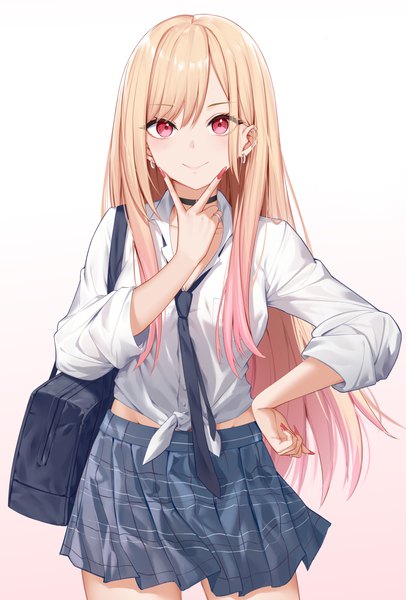 Anime picture 2708x4000 with sono bisque doll wa koi wo suru cloverworks kitagawa marin roi (liu tian) single long hair tall image looking at viewer highres simple background blonde hair smile standing nail polish pleated skirt pink eyes fingernails hand on hip gradient background victory