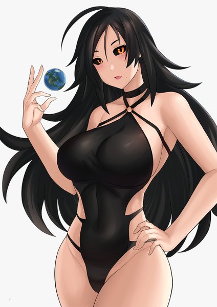 Anime picture 940x1330 with original blackhole-chan aori sora single long hair tall image looking at viewer blush fringe breasts open mouth light erotic black hair simple background hair between eyes large breasts standing white background bare shoulders yellow eyes