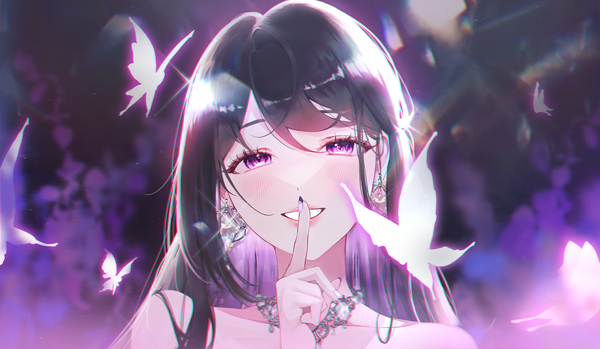 Anime picture 3587x2085 with original totomong single long hair looking at viewer blush fringe highres black hair smile hair between eyes wide image purple eyes absurdres upper body nail polish multicolored hair fingernails sparkle finger to mouth