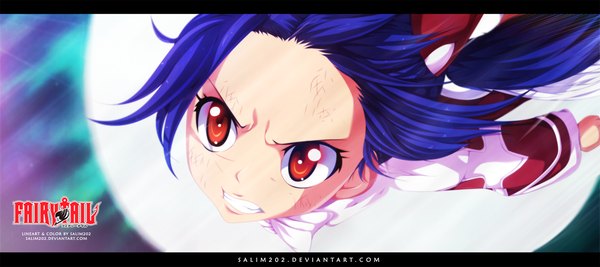 Anime picture 1404x626 with fairy tail wendy marvell salim202 single long hair red eyes wide image twintails blue hair inscription grin coloring magic close-up flying angry girl