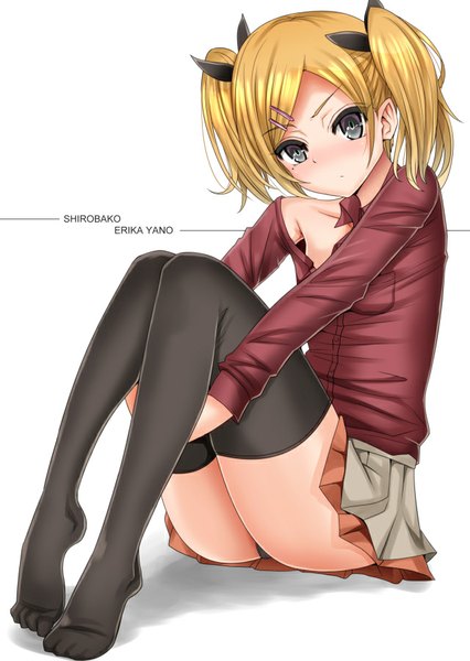 Anime picture 640x901 with shirobako p.a. works yano erika inu (marukome) single tall image looking at viewer short hair light erotic blonde hair sitting ass black eyes off shoulder open clothes pantyshot copyright name pantyshot sitting girl thighhighs