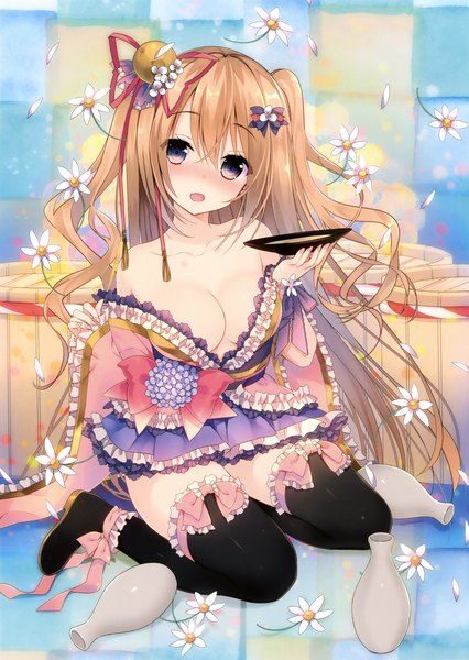 Anime picture 2485x3500 with original yadapot single long hair tall image looking at viewer blush highres breasts open mouth light erotic brown hair purple eyes traditional clothes japanese clothes scan official art two side up girl thighhighs