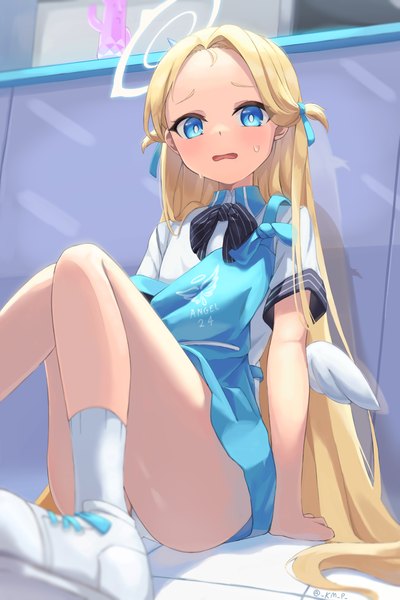 Anime picture 5905x8860 with blue archive sora (blue archive) kenma pro single long hair tall image looking at viewer highres blue eyes light erotic blonde hair sitting signed absurdres two side up pantyshot twitter username pantyshot sitting sweatdrop angel's 24 uniform (blue archive)
