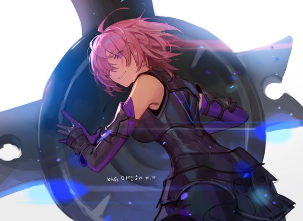 Anime picture 4000x2924 with fate (series) fate/grand order mash kyrielight chyoel single fringe highres short hair white background purple eyes looking away pink hair absurdres hair over one eye text korean girl armor shield