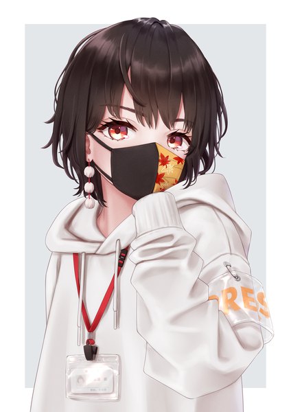 Anime picture 1158x1637 with touhou shameimaru aya torinari (dtvisu) single tall image looking at viewer short hair black hair red eyes upper body grey background alternate costume border contemporary girl earrings hood hoodie armband surgical mask
