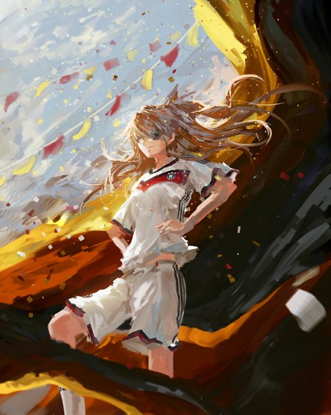 Anime picture 900x1127 with neon genesis evangelion gainax world cup 2014 fifa world cup soryu asuka langley stu dts single long hair tall image looking away aqua eyes orange hair hands on hips girl uniform shorts eyepatch gym uniform confetti string of flags
