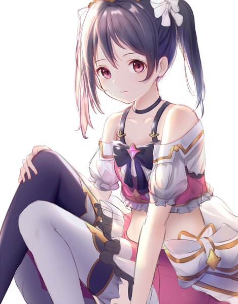 Anime picture 1500x1916 with love live! school idol project granblue fantasy sunrise (studio) love live! yazawa nico yanagi (hgkaikai) single long hair tall image looking at viewer black hair simple background red eyes white background sitting twintails midriff hand on knee cute different thighhighs