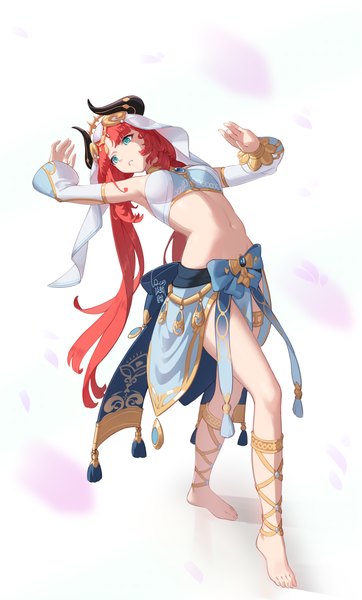 Anime picture 3404x5648 with genshin impact nilou (genshin impact) cqc no hashi neko single long hair tall image highres simple background white background twintails absurdres full body red hair barefoot horn (horns) aqua eyes bare legs midriff leaning low twintails