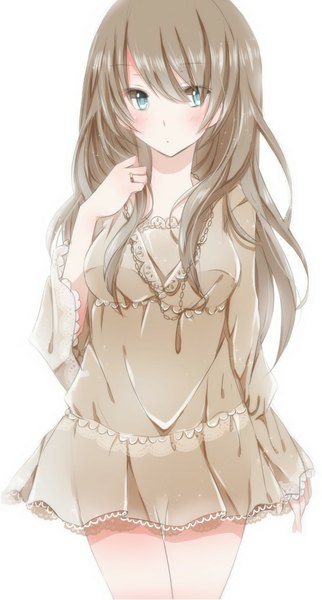 Anime picture 561x1045 with original hiro (hirohiro31) single long hair tall image looking at viewer blush simple background brown hair white background aqua eyes girl dress ring
