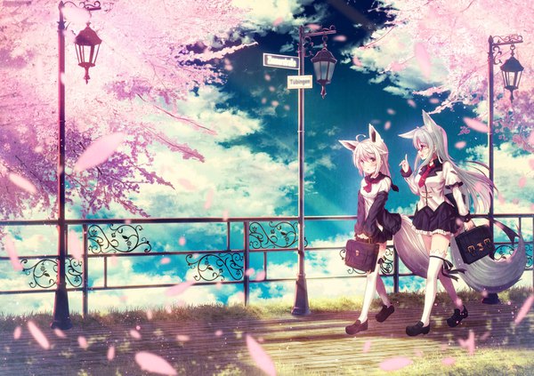 Anime picture 1806x1275 with original misaki yuu (dstyle) long hair blush highres open mouth multiple girls holding brown eyes animal ears payot sky silver hair cloud (clouds) full body ahoge outdoors white hair tail long sleeves