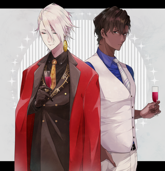 Anime picture 1159x1200 with fate (series) fate/grand order karna (fate) arjuna (fate) fuka (hk nemo) tall image fringe short hair hair between eyes brown hair silver hair grey background multiple boys dark skin hand in pocket clothes on shoulders heroic spirit formal dress boy gloves shirt