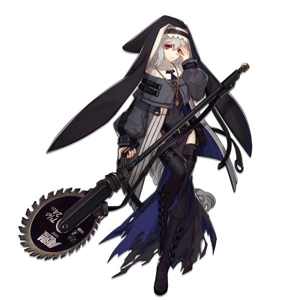 Anime-Bild 1024x1024 mit arknights specter (arknights) skade single fringe hair between eyes red eyes holding silver hair full body very long hair nail polish official art side slit transparent background hand on face girl thighhighs dress black thighhighs