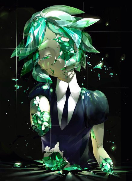 Anime picture 1024x1404 with houseki no kuni phosphophyllite yuzua single tall image short hair green eyes upper body green hair puffy sleeves black background androgynous crack amputee necktie debris
