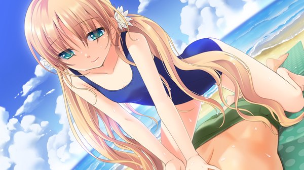 Anime picture 1280x720 with astraythem ginta long hair blonde hair wide image twintails green eyes game cg cloud (clouds) beach girl swimsuit