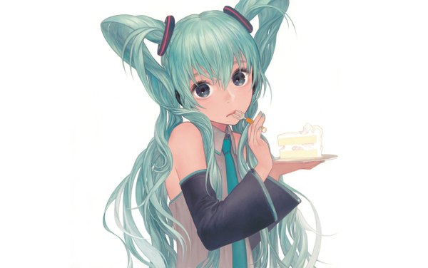 Anime picture 1425x893 with vocaloid hatsune miku matayoshi single long hair simple background wide image white background twintails black eyes aqua hair girl detached sleeves necktie sweets cake plate fork