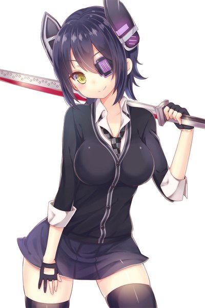 Anime picture 600x900 with kantai collection tenryuu light cruiser yuzu-aki single tall image looking at viewer short hair black hair simple background white background yellow eyes girl thighhighs skirt gloves hair ornament weapon black thighhighs miniskirt sword