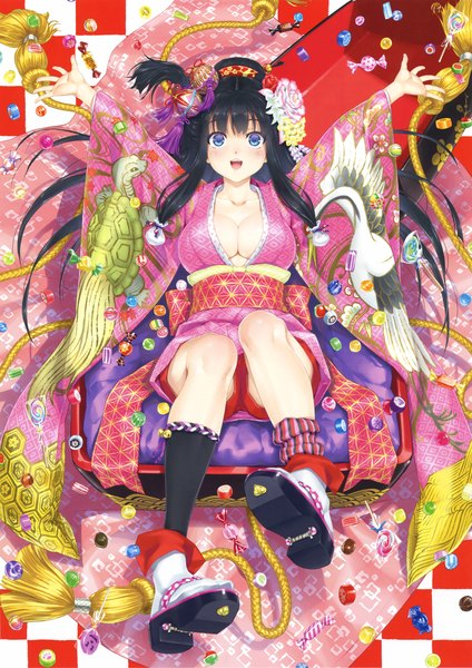 Anime picture 2333x3300 with original eshi 100-nin ten happoubi jin single long hair tall image looking at viewer blush highres breasts blue eyes light erotic black hair smile large breasts sitting cleavage traditional clothes japanese clothes scan