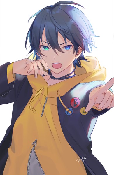 Anime picture 900x1379 with hypnosis mic yamada saburou heiwa (murasiho) single tall image looking at viewer fringe short hair open mouth black hair simple background hair between eyes white background signed upper body mole mole under eye heterochromia mole under mouth hand to mouth