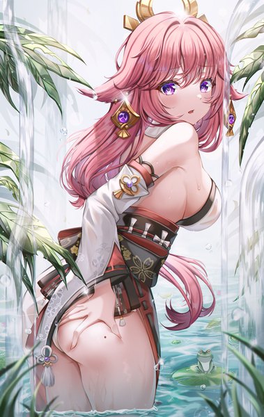 Anime picture 2408x3813 with genshin impact yae miko wol (wol 927) single long hair tall image looking at viewer blush fringe highres breasts open mouth light erotic hair between eyes large breasts standing purple eyes animal ears pink hair outdoors