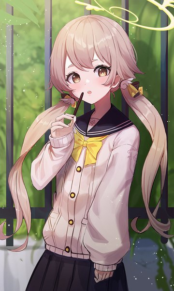 Anime picture 600x1000 with blue archive hifumi (blue archive) moth1 single long hair tall image looking at viewer fringe blonde hair hair between eyes twintails yellow eyes outdoors low twintails girl uniform serafuku food sweets halo