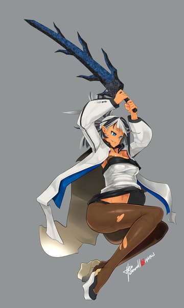 Anime picture 1200x2000 with original caooll (co-ohol) single tall image short hair blue eyes light erotic simple background smile pointy ears grey hair grey background torn pantyhose girl navel weapon pantyhose sword clothes