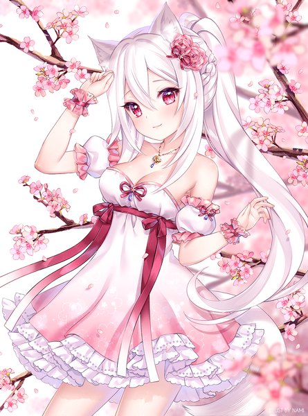 Anime picture 1000x1348 with original nami (nyaa) single long hair tall image looking at viewer blush fringe breasts smile hair between eyes red eyes standing bare shoulders signed animal ears payot cleavage outdoors white hair