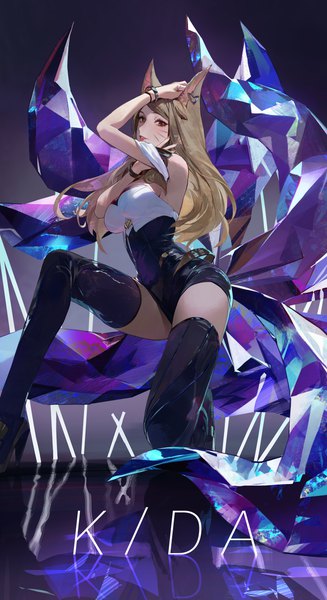 Anime picture 3599x6600 with league of legends k/da (league of legends) ahri (league of legends) k/da ahri modare single long hair tall image looking at viewer highres brown hair animal ears absurdres tail animal tail copyright name fox ears facial mark fox tail fox girl