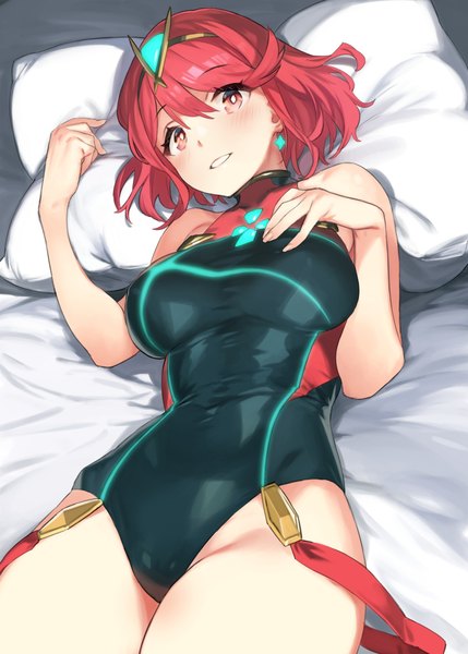 Anime-Bild 1072x1500 mit xenoblade xenoblade 2 pyra (xenoblade) pyra (pro swimmer) (xenoblade) 92m single tall image looking at viewer blush fringe short hair breasts light erotic smile hair between eyes red eyes large breasts red hair lying parted lips