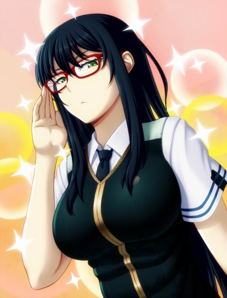 Anime picture 645x847 with witch craft works j.c. staff kagari ayaka amase (yagami666) single long hair tall image looking at viewer black hair green eyes girl uniform school uniform glasses