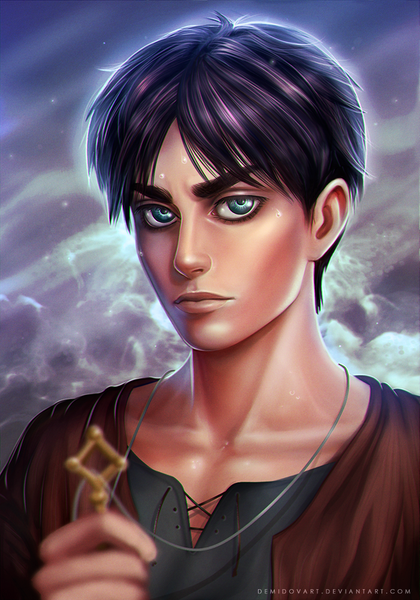Anime picture 700x1000 with shingeki no kyojin production i.g eren yaeger demidovart single tall image looking at viewer short hair black hair holding green eyes signed upper body blurry realistic inscription portrait eyebrows boy pendant
