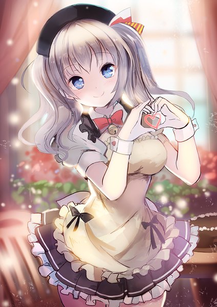 Anime picture 700x990 with kantai collection kashima training cruiser fuyouchu single long hair tall image looking at viewer fringe blue eyes smile twintails silver hair bell collar heart hands girl frills apron bell wrist cuffs beret