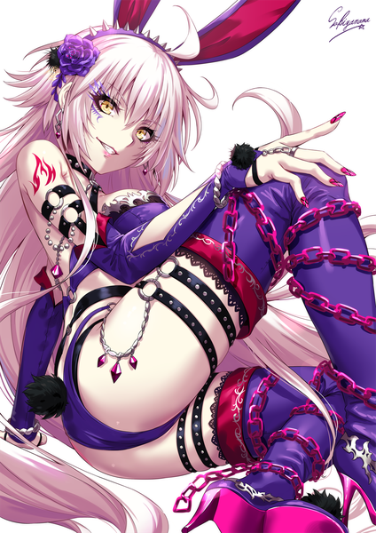 Anime picture 1000x1414 with fate (series) fate/grand order jeanne d'arc (fate) (all) jeanne d'arc alter (fate) sakiyamama single long hair tall image looking at viewer fringe breasts light erotic simple background smile hair between eyes large breasts white background sitting signed animal ears