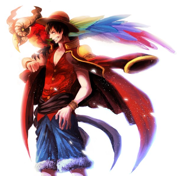 Anime picture 1500x1496 with one piece toei animation monkey d. luffy hora (genkou naka) single short hair black hair simple background smile white background wind hand on hip scar animal on shoulder bird on shoulder boy hat animal bracelet bird (birds)