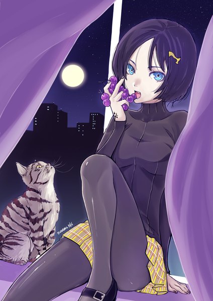 Anime-Bild 1412x2000 mit original eudetenis single tall image looking at viewer short hair open mouth blue eyes sitting signed purple hair bent knee (knees) wind night tattoo night sky city plaid skirt cityscape eating