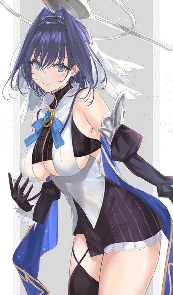 Anime picture 1200x2048 with virtual youtuber hololive hololive english ouro kronii ouro kronii (1st costume) mexif single tall image looking at viewer fringe short hair breasts blue eyes light erotic simple background smile hair between eyes large breasts blue hair grey background