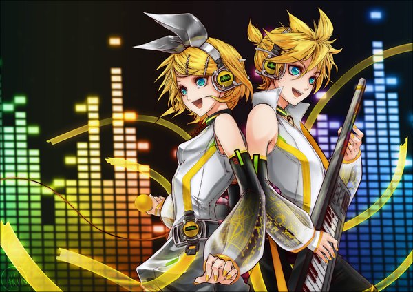 Anime picture 1200x849 with vocaloid vocaloid append kagamine rin kagamine len kagamine rin (append) kagamine len (append) tato short hair open mouth blue eyes blonde hair looking away nail polish siblings twins back to back playing instrument brother and sister girl boy