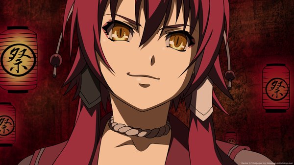 Аниме картинка 2048x1152 с буйное цветение: девушки-самураи arms corporation yagyuu juubei (hyakka ryouran) kotekigo длинные волосы высокое разрешение широкое изображение жёлтые глаза красные волосы лёгкая улыбка лицо девушка