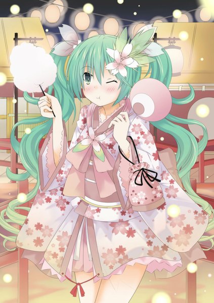 イラスト 750x1064 と ボーカロイド 初音ミク つかぜ ソロ 長身像 赤面 ツインテール very long hair traditional clothes 和服 one eye closed hair flower aqua eyes ウィンク aqua hair lolita fashion 和ロリ 女の子 髪飾り 花