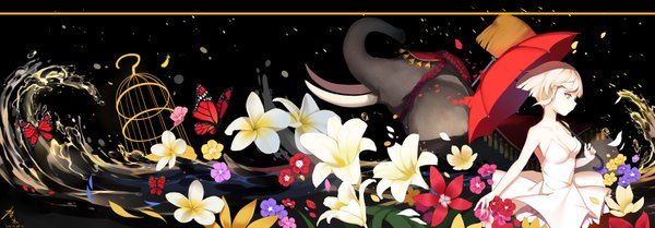 Anime picture 7100x2480 with original greetload highres short hair simple background blonde hair wide image standing bare shoulders holding looking away absurdres profile black background tusks girl dress flower (flowers) animal petals