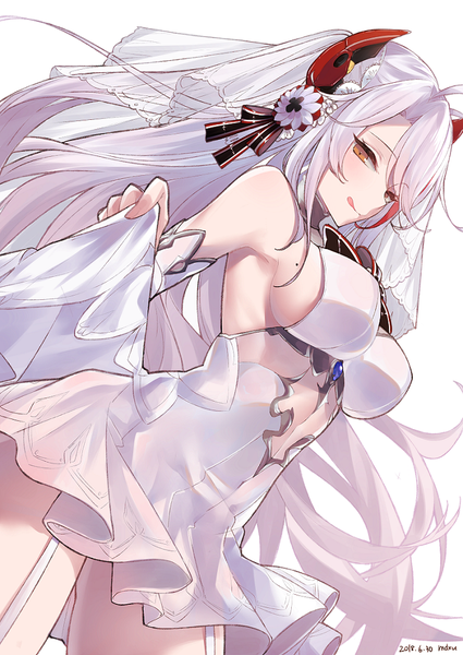 Anime picture 700x989 with azur lane prinz eugen (azur lane) prinz eugen (symphonic fate) (azur lane) mimelond single long hair tall image looking at viewer blush fringe breasts light erotic simple background standing white background brown eyes signed silver hair mole two side up