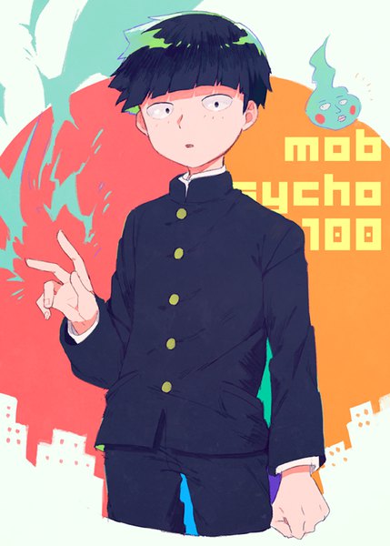 Anime picture 600x838 with mob psycho 100 studio bones kageyama shigeo ekubo (mob psycho 100) ranopoyo single tall image looking at viewer short hair black hair standing black eyes copyright name boy uniform school uniform gakuran