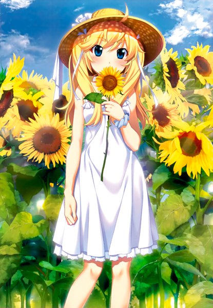 Anime picture 2214x3200 with grisaia no kajitsu comptiq matsushima michiru watanabe akio single long hair tall image looking at viewer blush highres blue eyes blonde hair standing twintails holding sky cloud (clouds) ahoge outdoors sleeveless