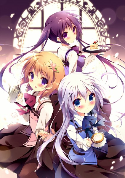 Anime picture 703x1000 with gochuumon wa usagi desu ka? white fox kafuu chino hoto cocoa tedeza rize shiratama (shiratamaco) long hair tall image blush short hair open mouth blue eyes blonde hair purple eyes twintails multiple girls purple hair white hair girl dress