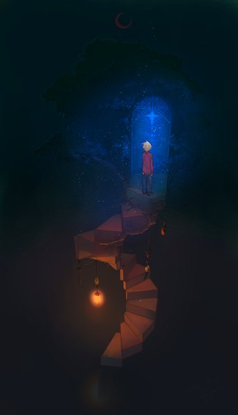 Anime picture 900x1566 with original slaygun single tall image short hair blonde hair standing back dark background crescent no face gate boy plant (plants) tree (trees) moon star (stars) lantern stairs roots