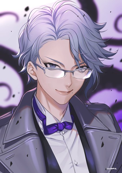 Anime picture 2888x4084 with twisted wonderland azul ashengrotto inanome me single tall image looking at viewer highres short hair smile purple eyes signed silver hair upper body mole mole under mouth boy glasses bowtie