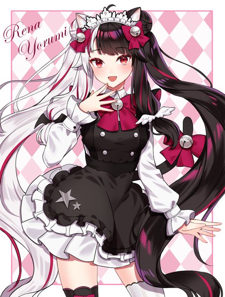 Anime picture 1315x1736 with virtual youtuber nijisanji yorumi rena tila 276 single tall image looking at viewer blush fringe open mouth black hair red eyes twintails animal ears silver hair ahoge tail very long hair :d animal tail