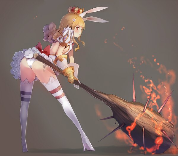 Anime picture 1800x1572 with original sumisu (mondo) single long hair looking at viewer blush highres light erotic blonde hair simple background red eyes animal ears tail animal tail grey background leaning high heels bunny ears leaning forward bunny tail