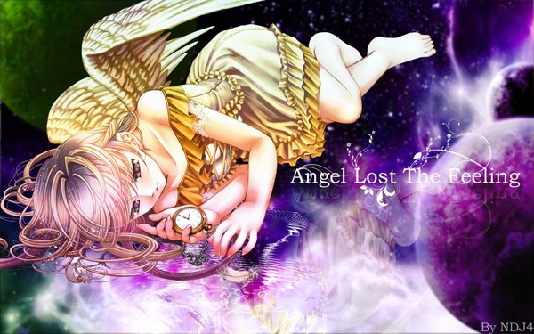 Anime picture 1920x1200 with ndj4 single long hair highres blonde hair wide image brown eyes lying barefoot no shoes angel girl dress wings feather (feathers) clock pocket watch