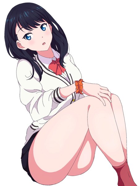 Anime picture 1377x1837 with gridman universe ssss.gridman studio trigger takarada rikka user tctx5775 single long hair tall image looking at viewer blush fringe open mouth blue eyes light erotic black hair simple background white background sitting :o dutch angle